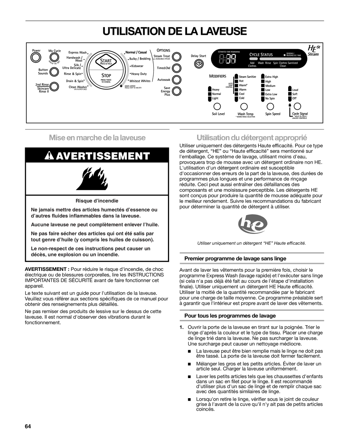 Sears 110.4779*, 110.4778* Utilisation DE LA Laveuse, Mise en marche de la laveuse, Utilisation du détergent approprié 