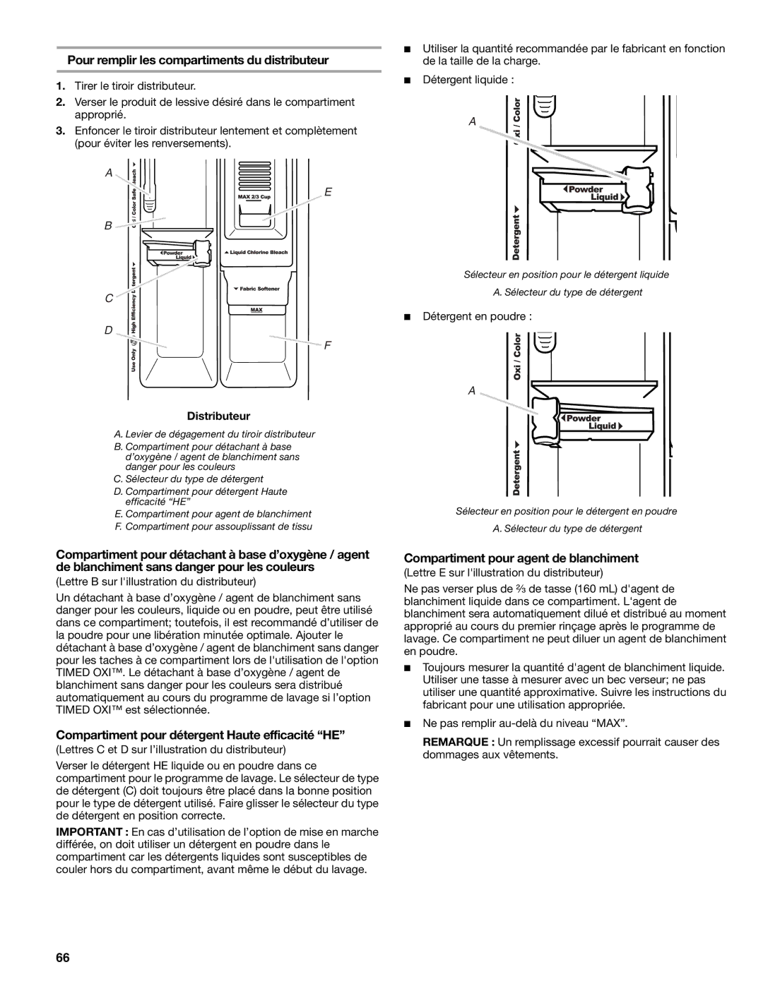 Sears 110.4779*, 110.4778* Pour remplir les compartiments du distributeur, Compartiment pour détergent Haute efficacité HE 