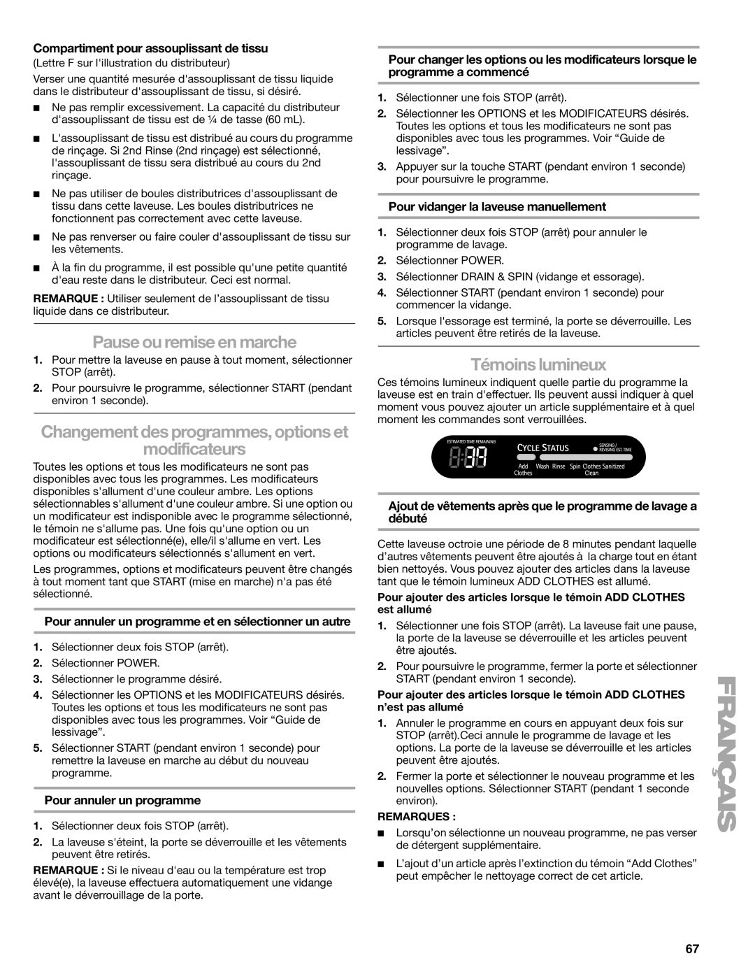 Sears 110.4778*, 110.4779* manual Pause ou remise en marche, Modificateurs, Témoins lumineux 