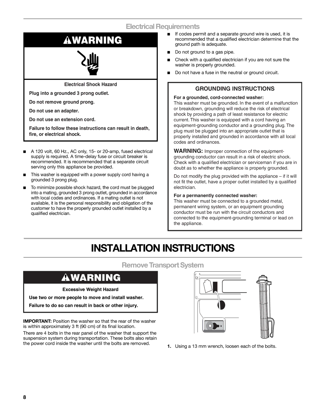 Sears 110.4779*, 110.4778* manual Installation Instructions, Electrical Requirements, Remove Transport System 