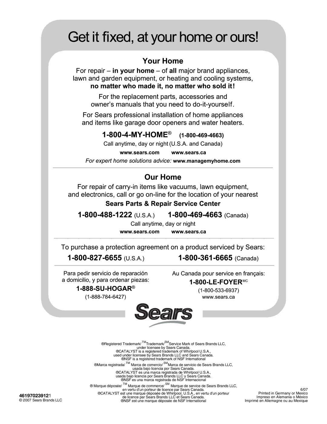 Sears 110.4779*, 110.4778* manual 461970239121, Sears Brands LLC 