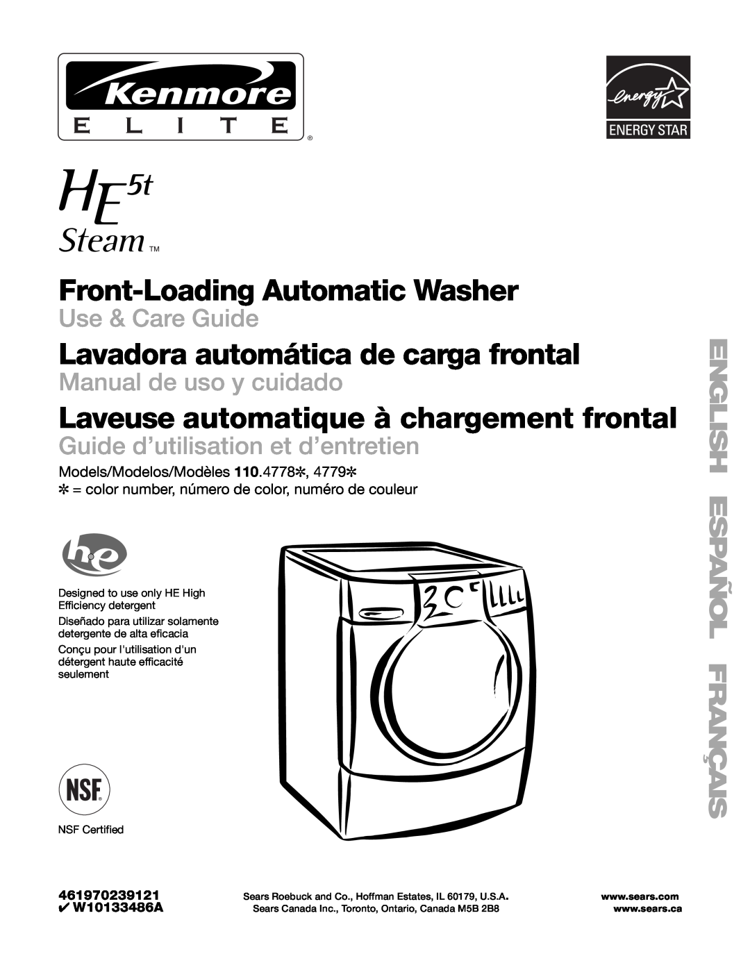Sears 110.4778* manual 461970239121, W10133486A, Front-Loading Automatic Washer, Lavadora automática de carga frontal 