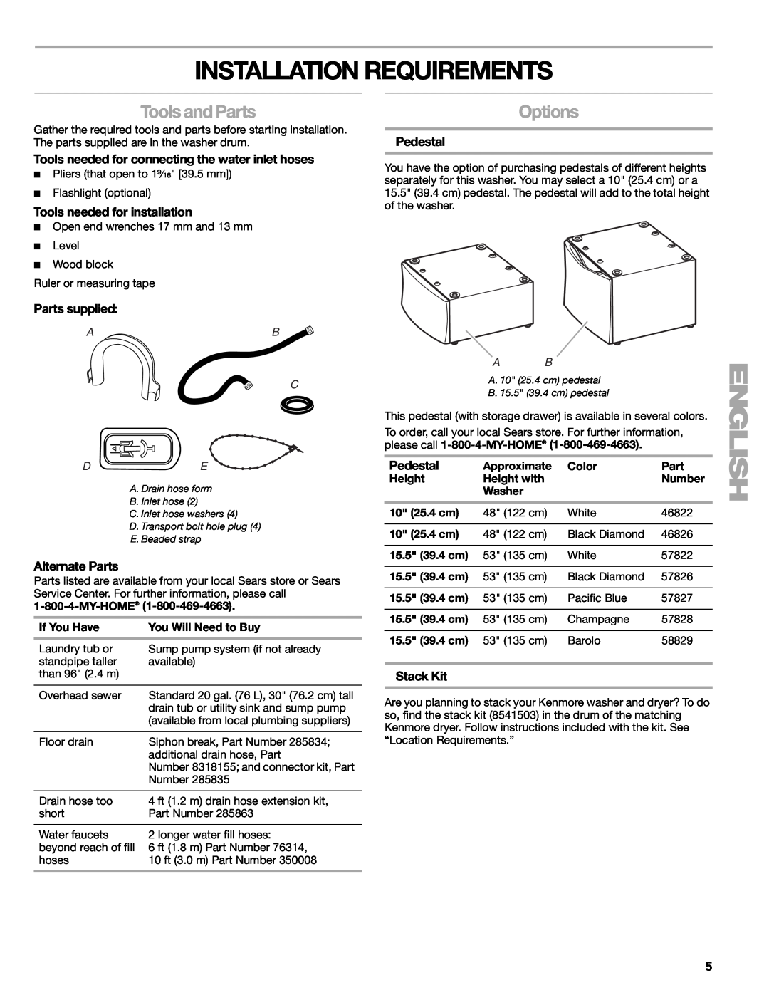 Sears 110.4778* Installation Requirements, Tools and Parts, Options, Tools needed for connecting the water inlet hoses 