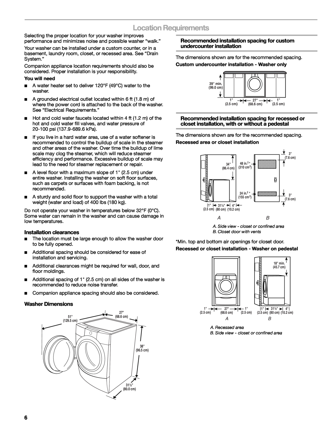 Sears 110.4779*, 110.4778* manual Location Requirements, Installation clearances, Washer Dimensions 