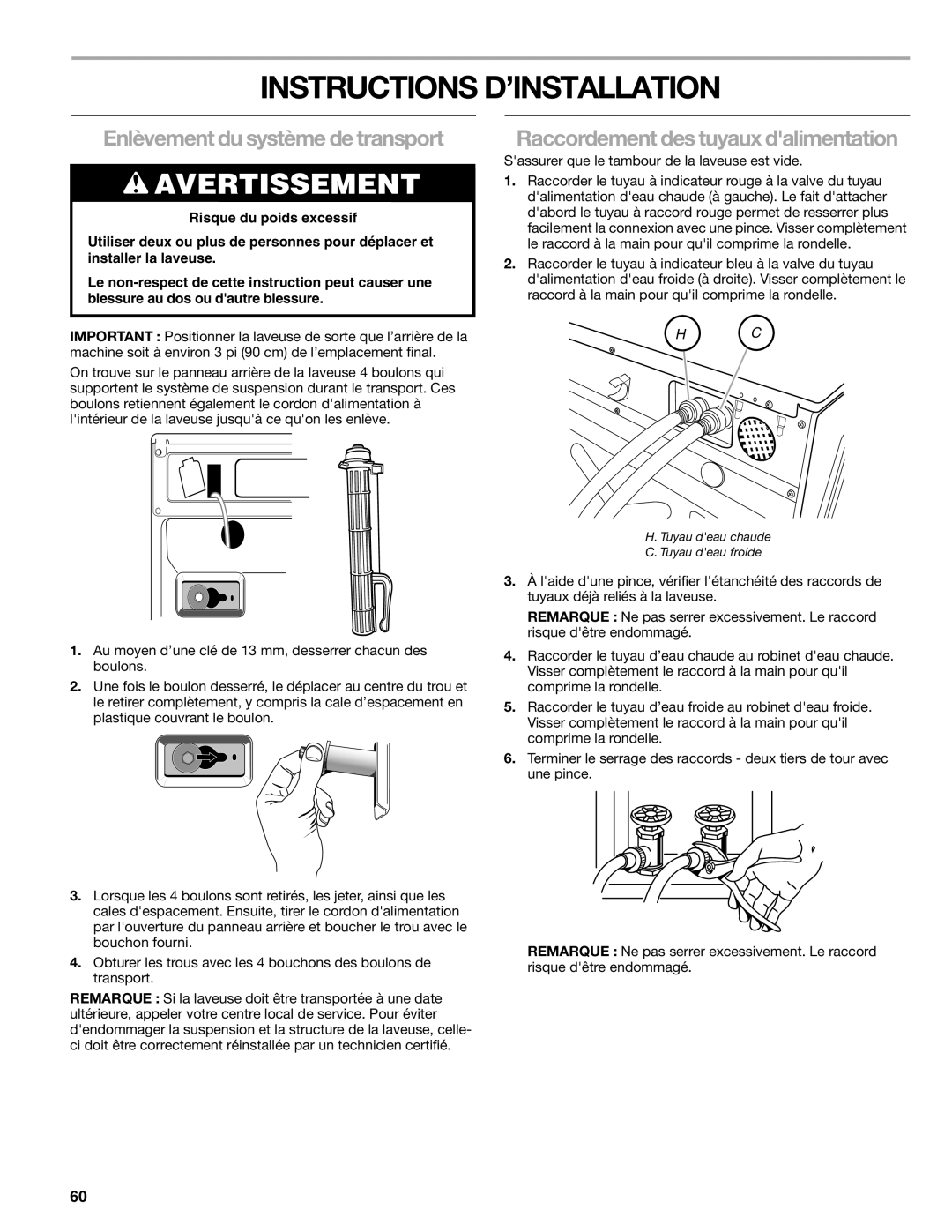 Sears 110.4779* Instructions D’Installation, Enlèvement du système de transport, Raccordement des tuyaux dalimentation 
