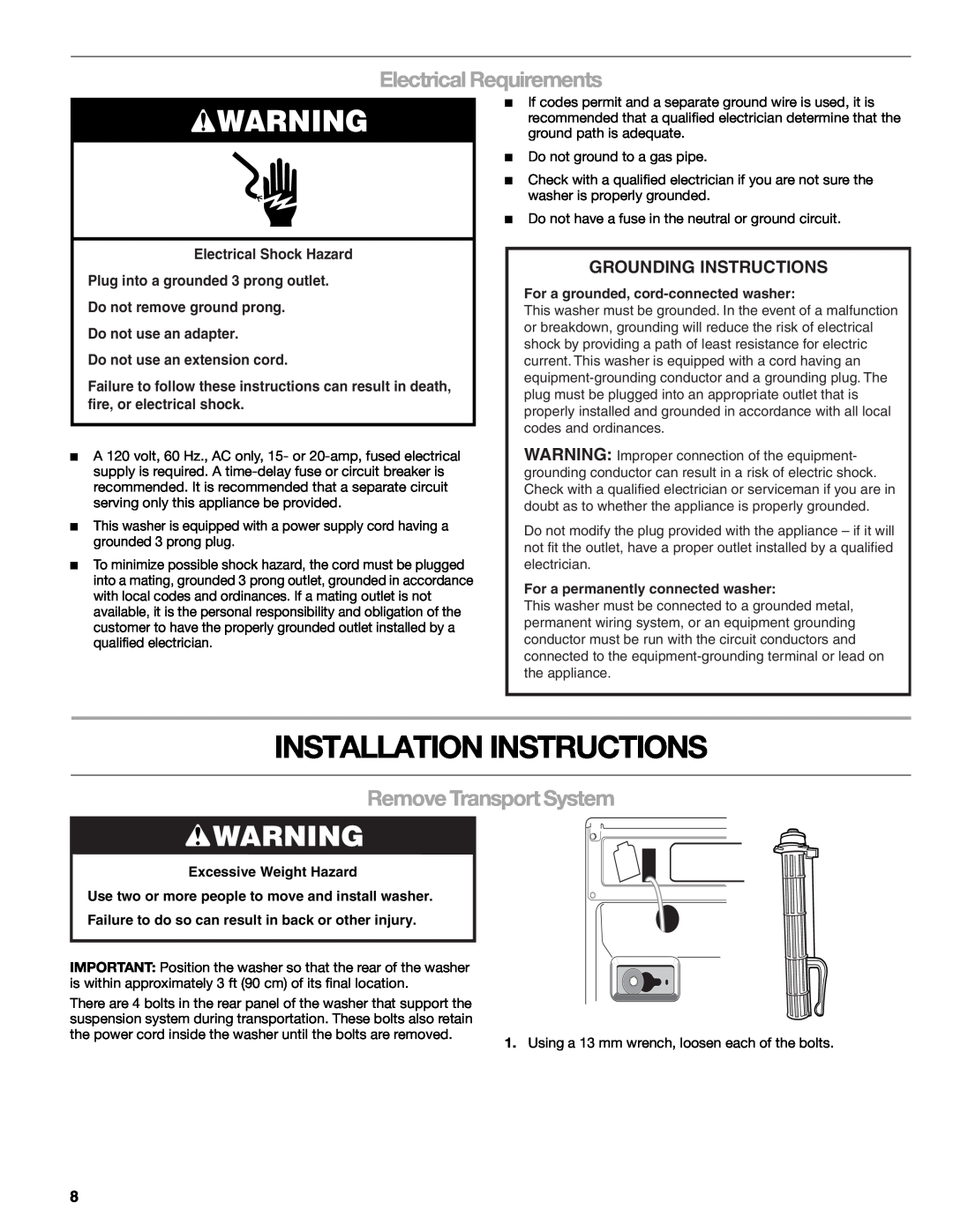 Sears 110.4779* manual Installation Instructions, Electrical Requirements, Remove Transport System, Grounding Instructions 