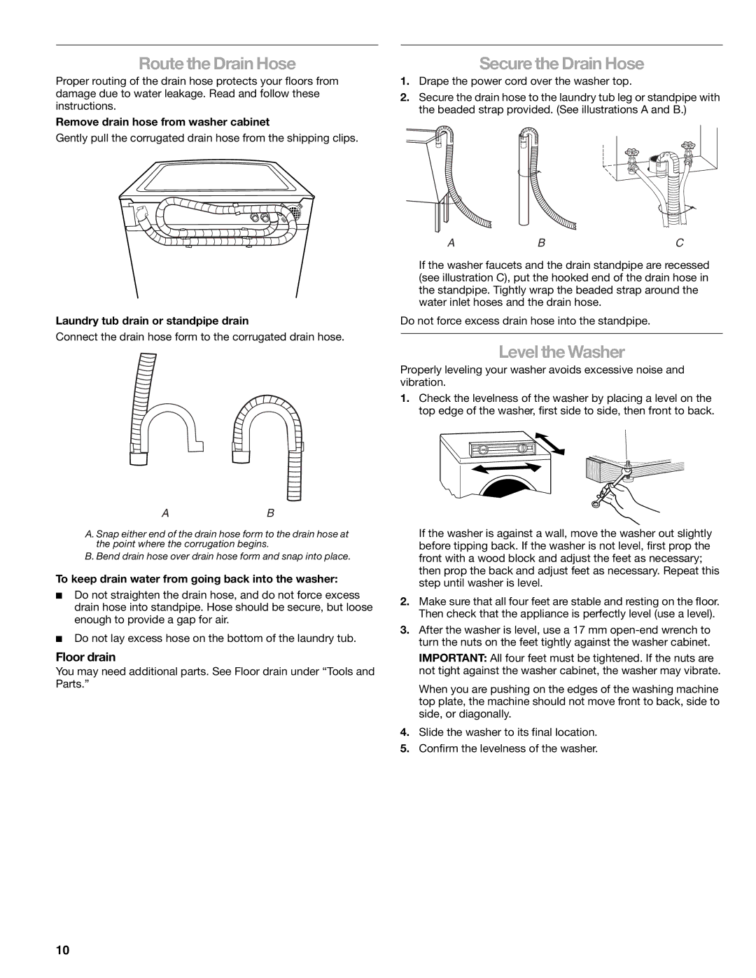 Sears 110.4997, 110.4996 manual Route the Drain Hose, Secure the Drain Hose, Level the Washer, Floor drain 