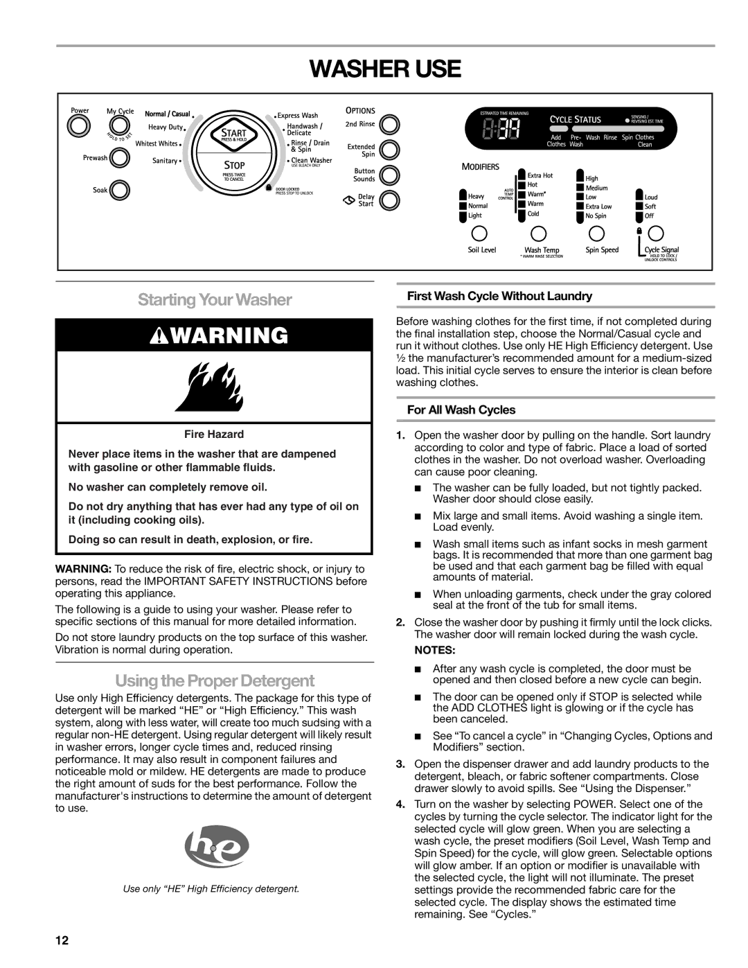 Sears 110.4997, 110.4996 Washer USE, Starting Your Washer, Using the Proper Detergent, First Wash Cycle Without Laundry 