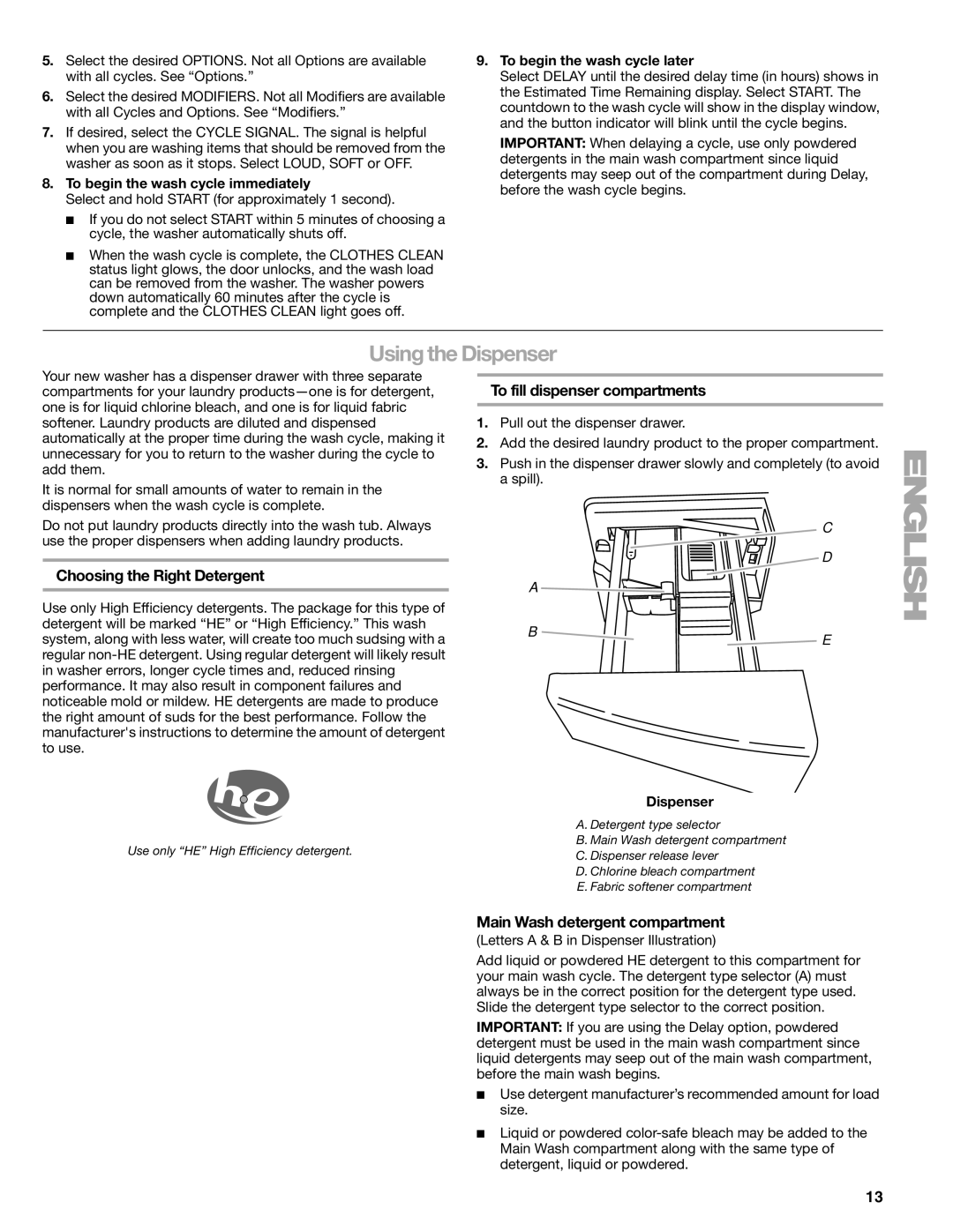 Sears 110.4996, 110.4997 manual Using the Dispenser, Choosing the Right Detergent, To fill dispenser compartments 