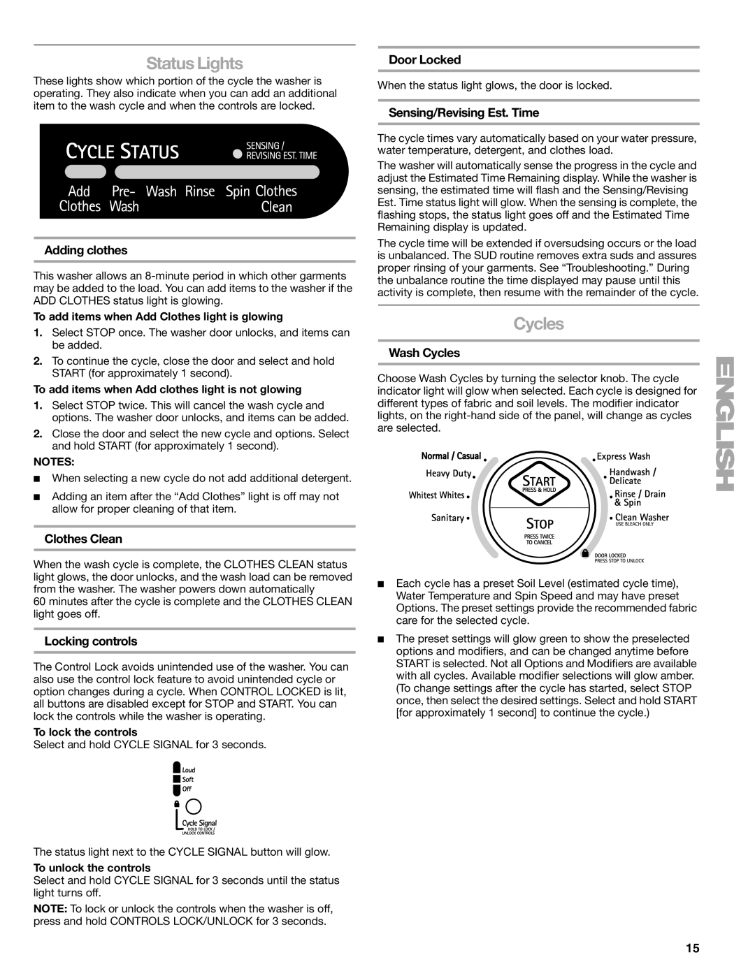 Sears 110.4996, 110.4997 manual Status Lights, Cycles 