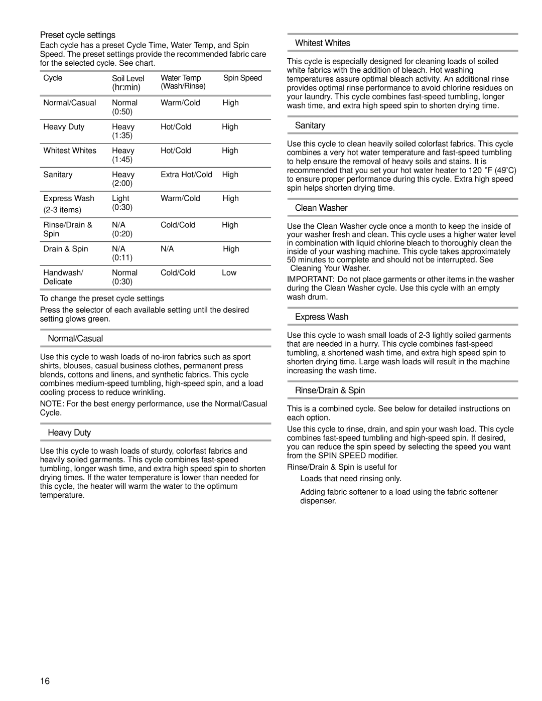 Sears 110.4997 Preset cycle settings, Normal/Casual, Heavy Duty, Whitest Whites, Sanitary, Clean Washer, Express Wash 