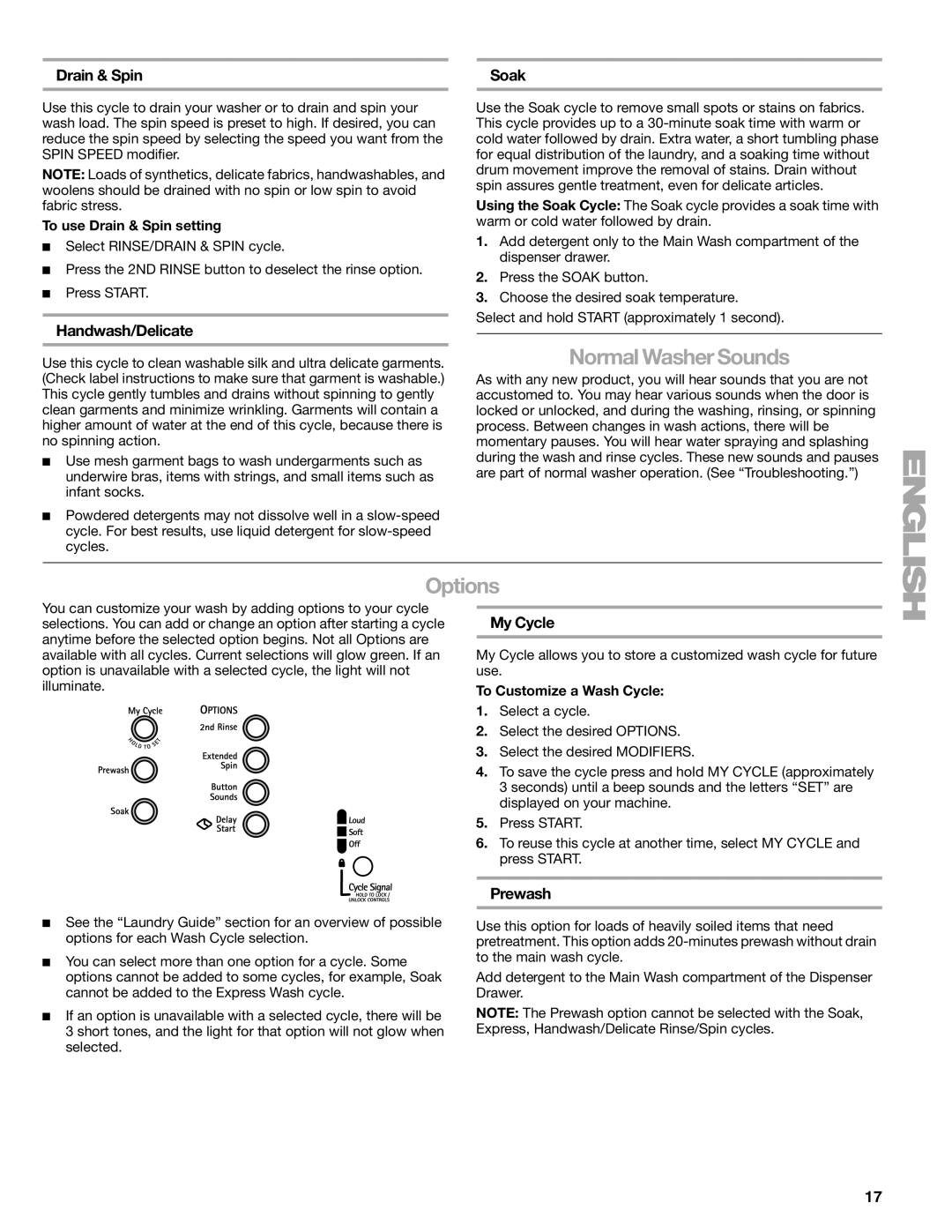 Sears 110.4996, 110.4997 manual Normal Washer Sounds, Drain & Spin Soak, Handwash/Delicate, My Cycle, Prewash 