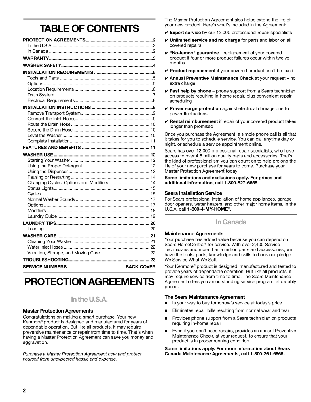 Sears 110.4997, 110.4996 manual Table of Contents 