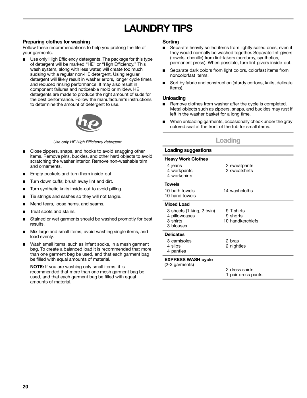 Sears 110.4997, 110.4996 manual Laundry Tips, Loading 