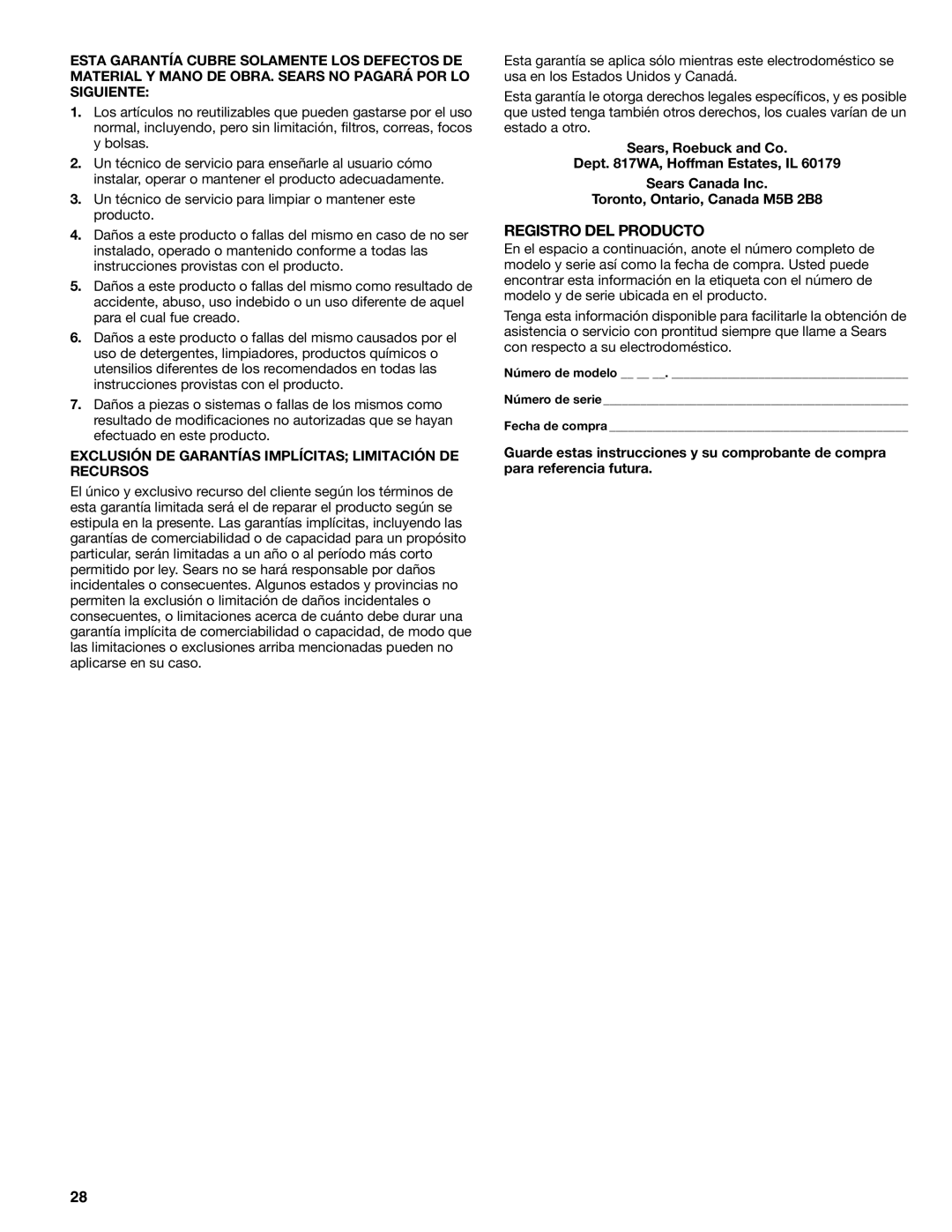 Sears 110.4997, 110.4996 manual Registro DEL Producto, Exclusión DE Garantías Implícitas Limitación DE Recursos 