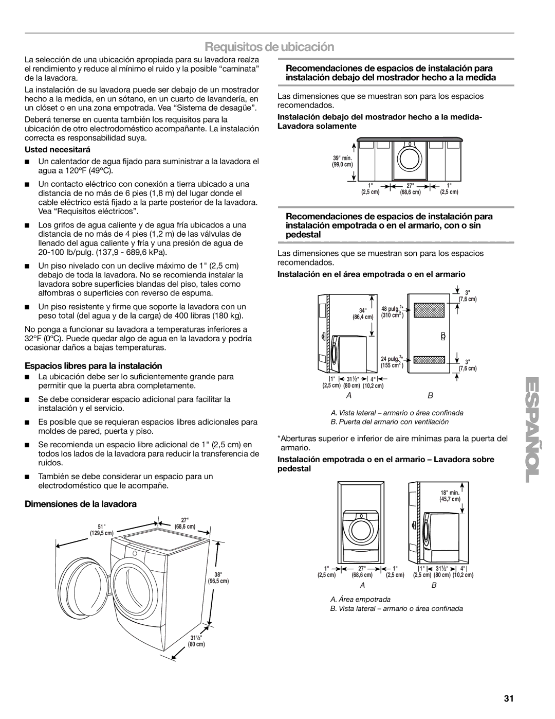 Sears 110.4996 Requisitos de ubicación, Espacios libres para la instalación, Dimensiones de la lavadora, Usted necesitará 