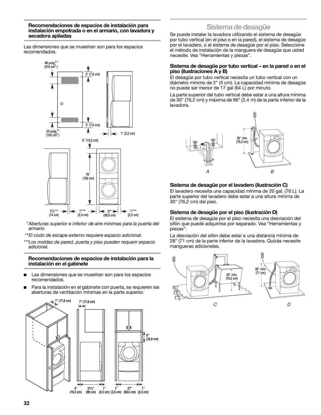 Sears 110.4997 manual Sistema de desagüe por el lavadero ilustración C, Sistema de desagüe por el piso ilustración D 