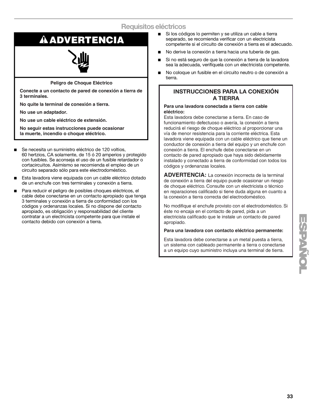 Sears 110.4996, 110.4997 manual Requisitos eléctricos, Se necesita un suministro eléctrico de 120 voltios 