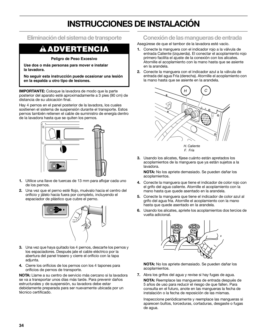 Sears 110.4997, 110.4996 manual Instrucciones DE Instalación, Conexión de las mangueras de entrada 