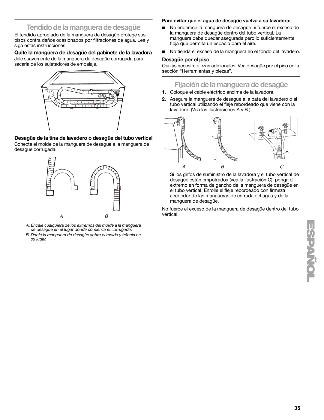 Sears 110.4996, 110.4997 manual Tendido de la manguera de desagüe, Fijación de la manguera de desagüe, Desagüe por el piso 