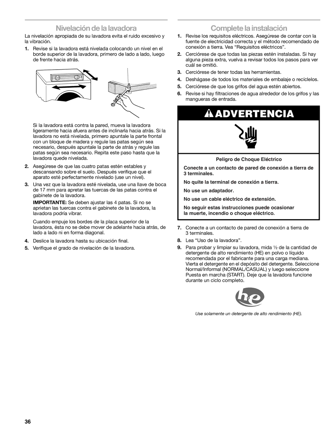 Sears 110.4997, 110.4996 manual Nivelación de la lavadora, Complete la instalación 