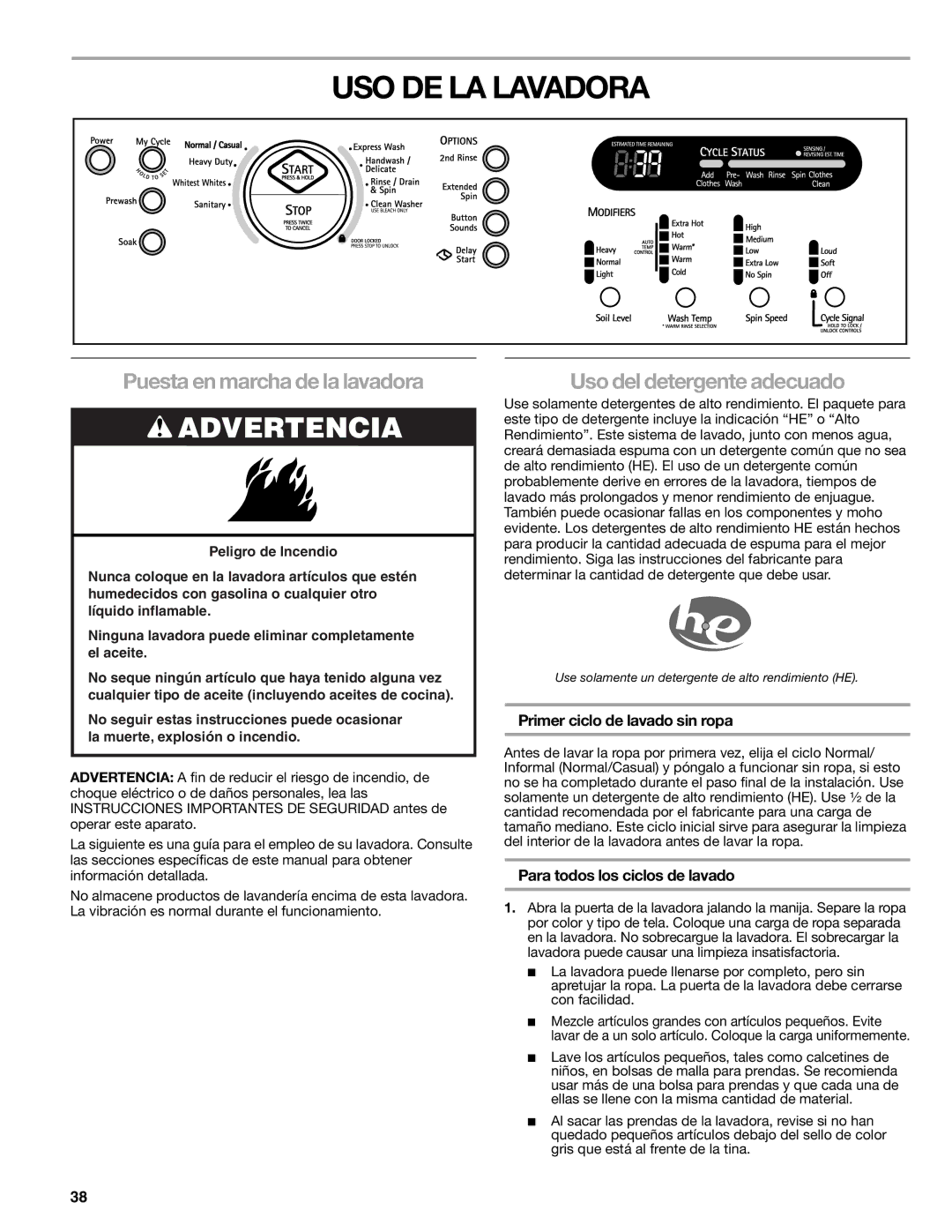 Sears 110.4997, 110.4996 manual USO DE LA Lavadora, Puesta en marcha de la lavadora, Uso del detergente adecuado 