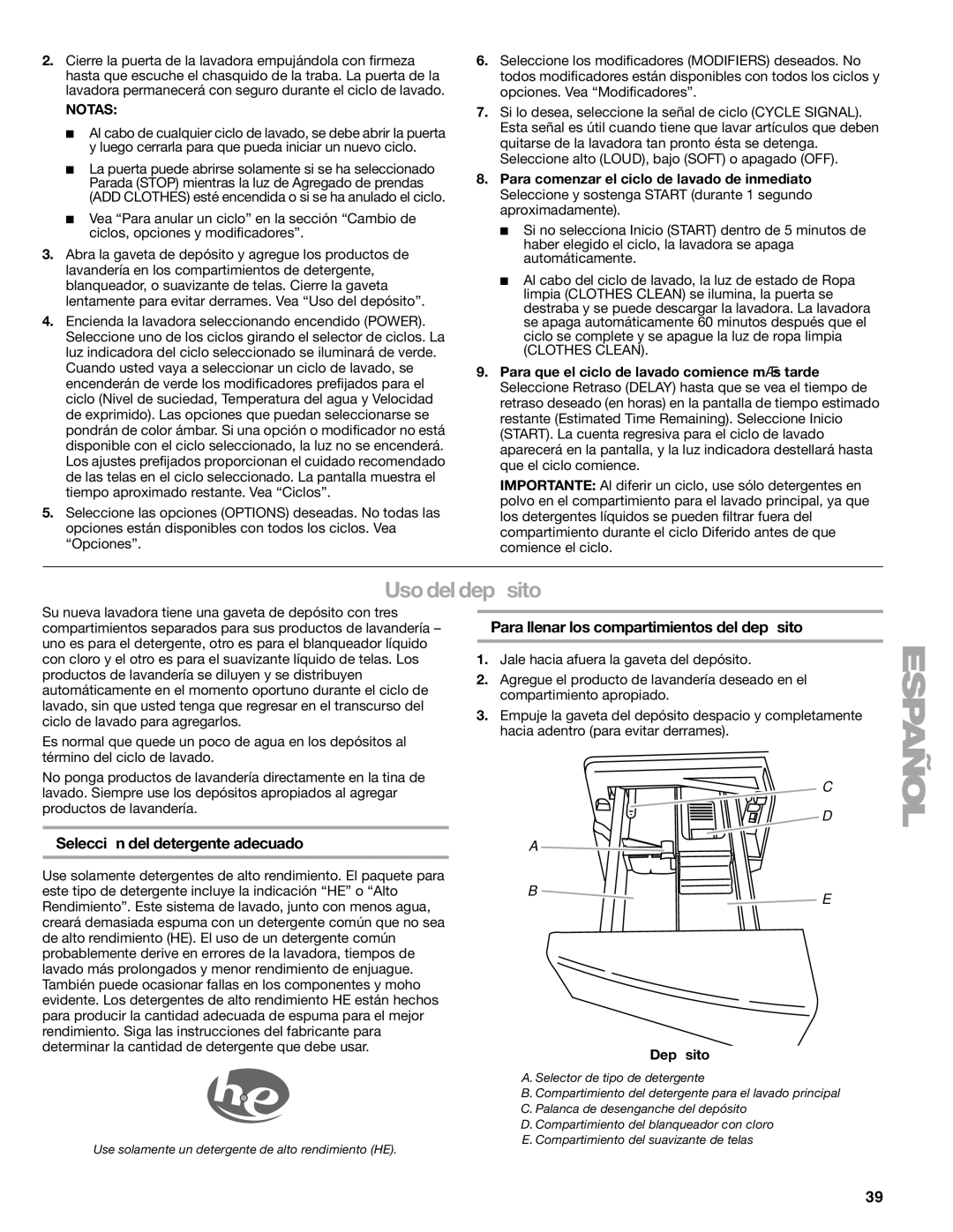 Sears 110.4996 Uso del depósito, Selección del detergente adecuado, Para llenar los compartimientos del depósito, Notas 