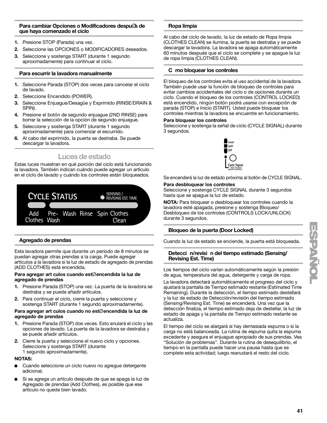 Sears 110.4996, 110.4997 manual Luces de estado 