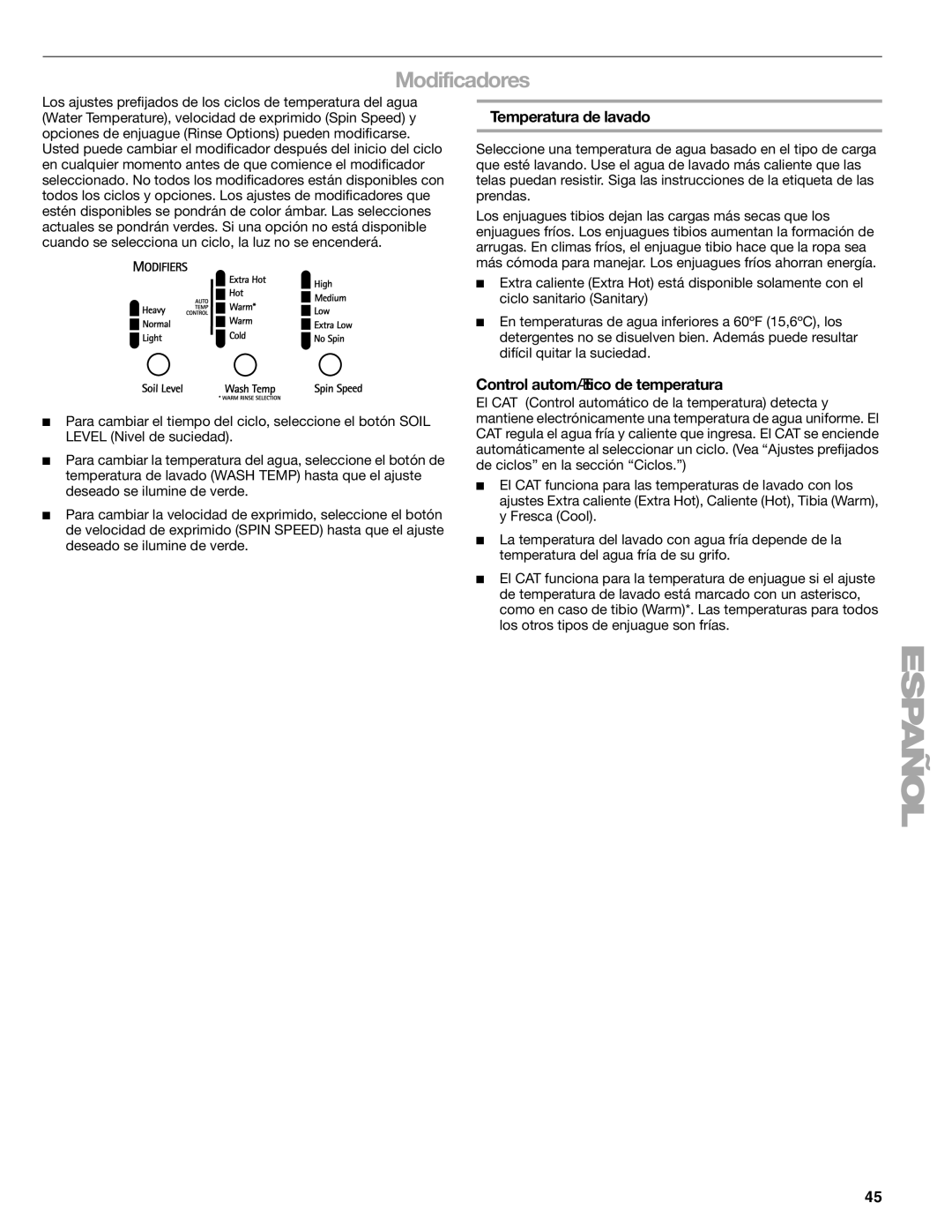 Sears 110.4996, 110.4997 manual Temperatura de lavado, Control automático de temperatura 