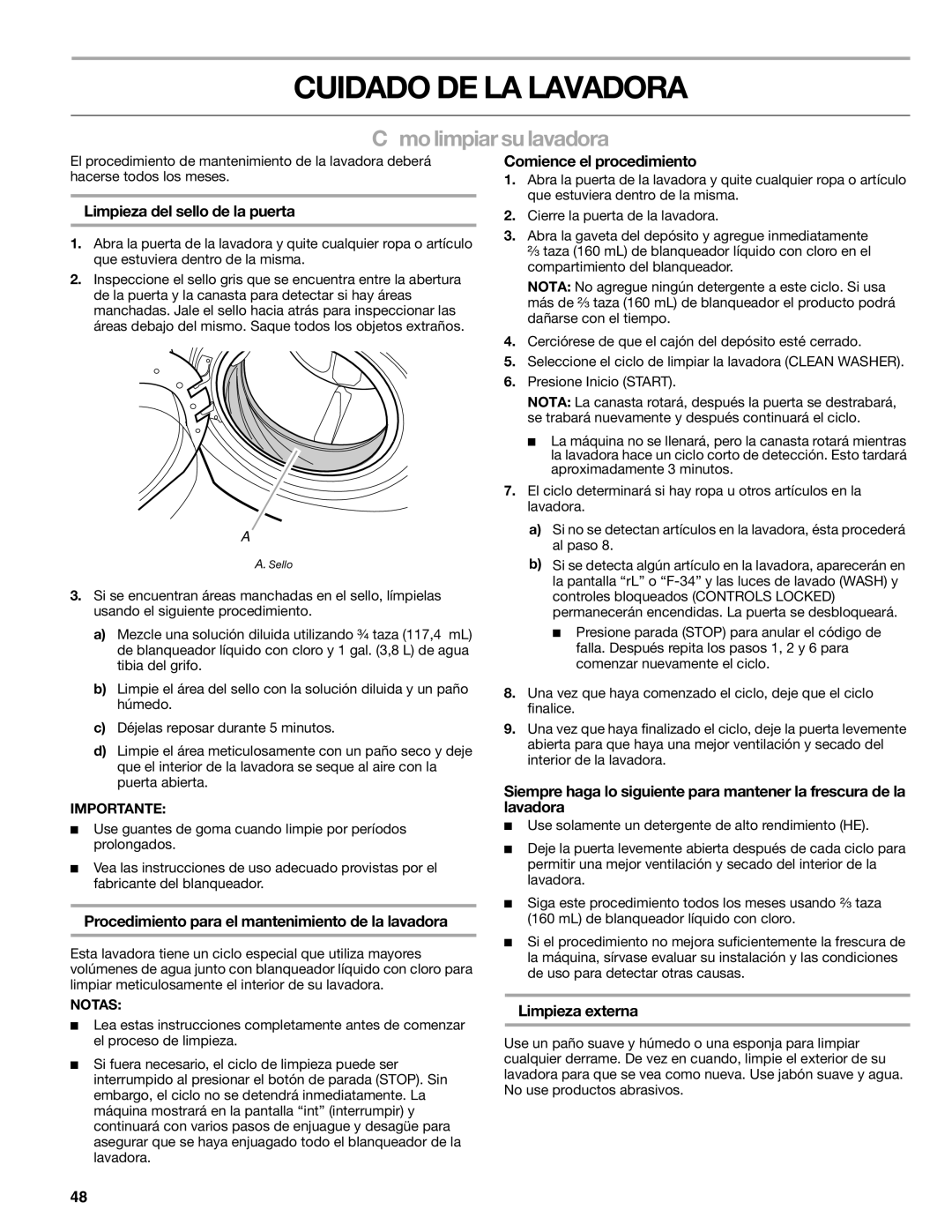 Sears 110.4997, 110.4996 manual Cuidado DE LA Lavadora, Cómo limpiar su lavadora 