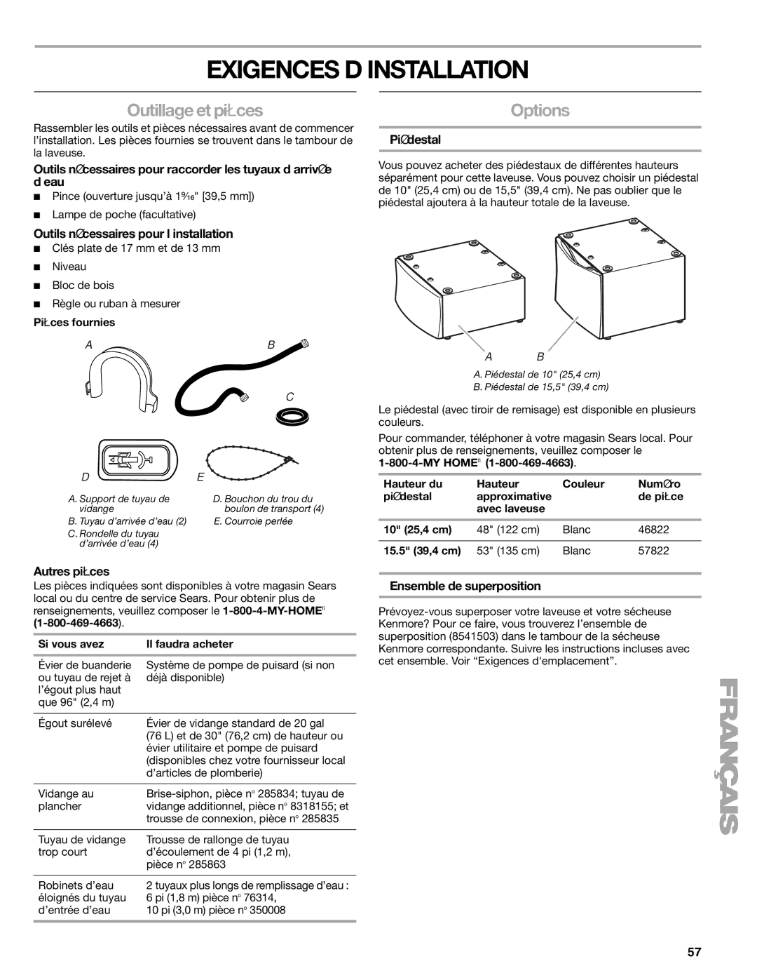 Sears 110.4996, 110.4997 manual Exigences D’INSTALLATION, Outillage et pièces 