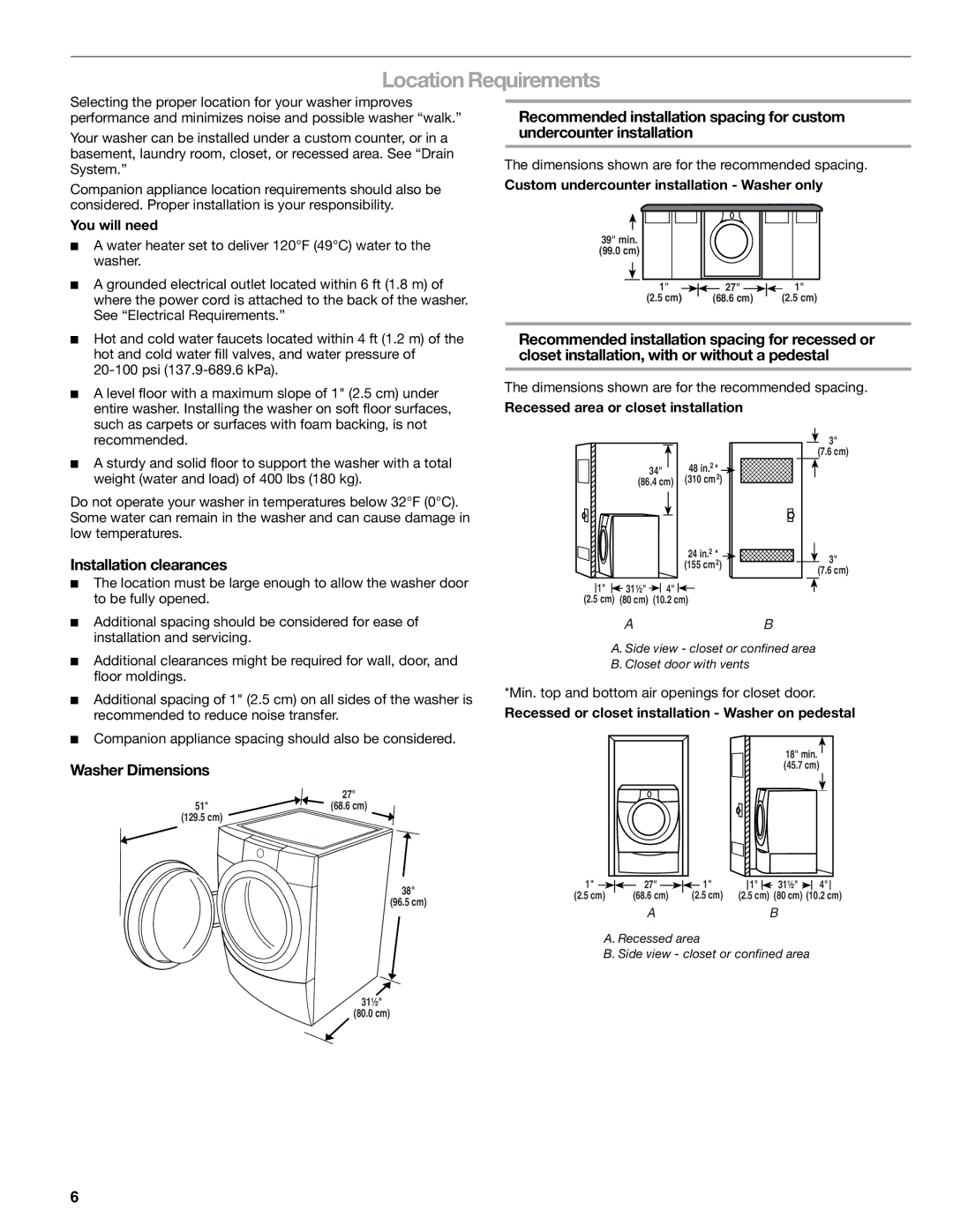 Sears 110.4997, 110.4996 manual Location Requirements, Installation clearances, Washer Dimensions 