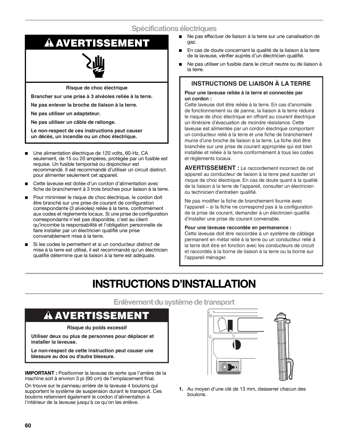 Sears 110.4997, 110.4996 manual Instructions D’INSTALLATION, Spécifications électriques, Enlèvement du système de transport 