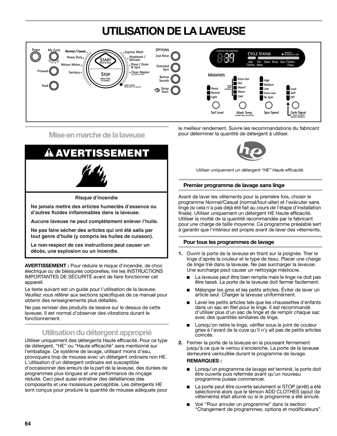 Sears 110.4997, 110.4996 manual Utilisation DE LA Laveuse, Mise en marche de la laveuse, Utilisation du détergent approprié 