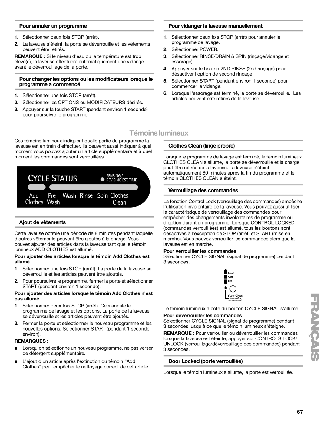 Sears 110.4996, 110.4997 manual Témoins lumineux 