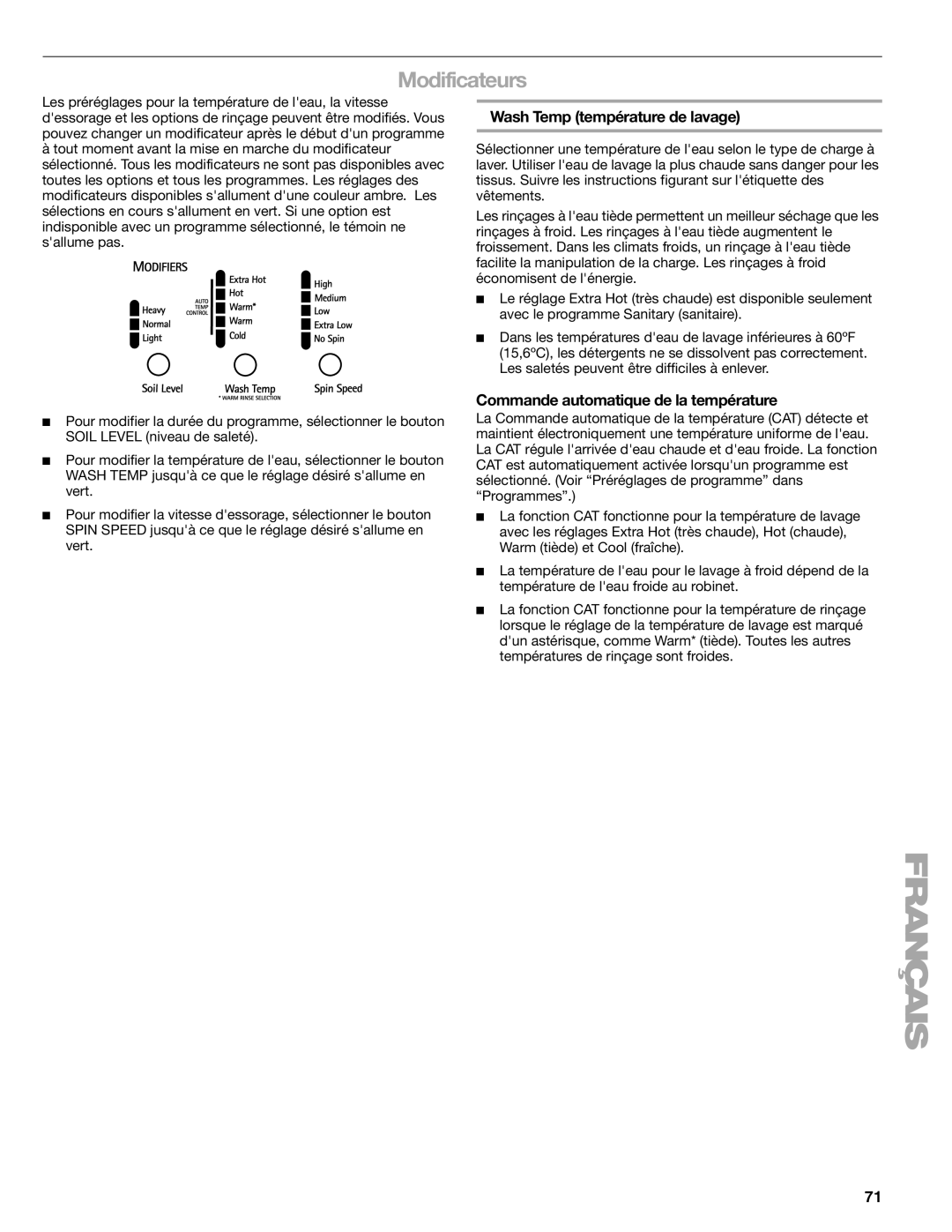 Sears 110.4996, 110.4997 manual Wash Temp température de lavage, Commande automatique de la température 