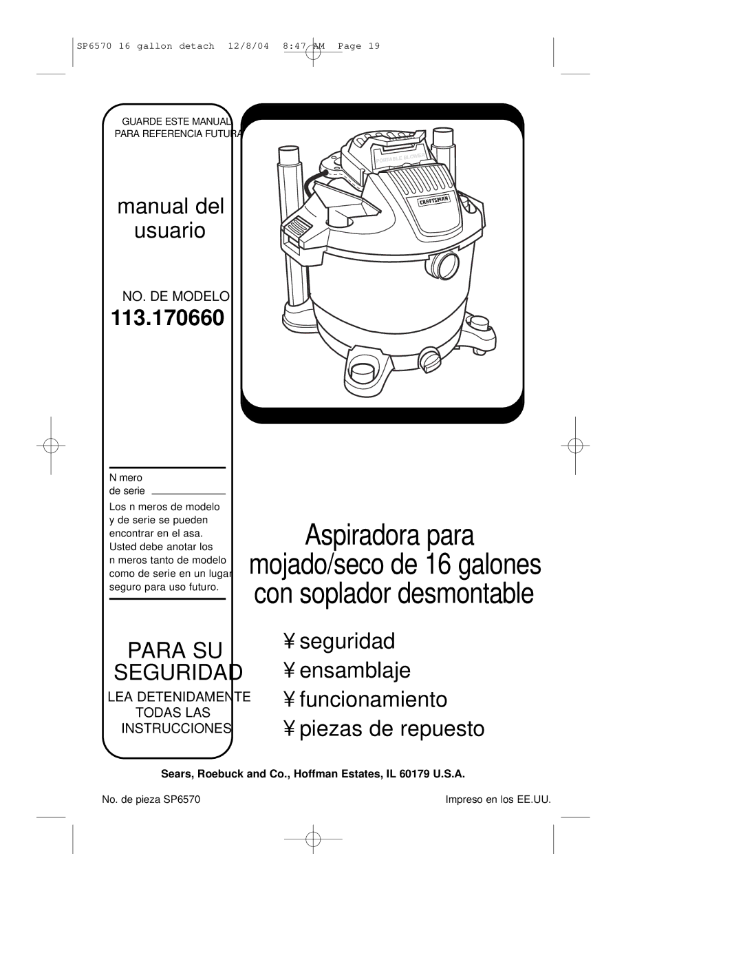 Sears 113.17066 owner manual Número de serie, No. de pieza SP6570 