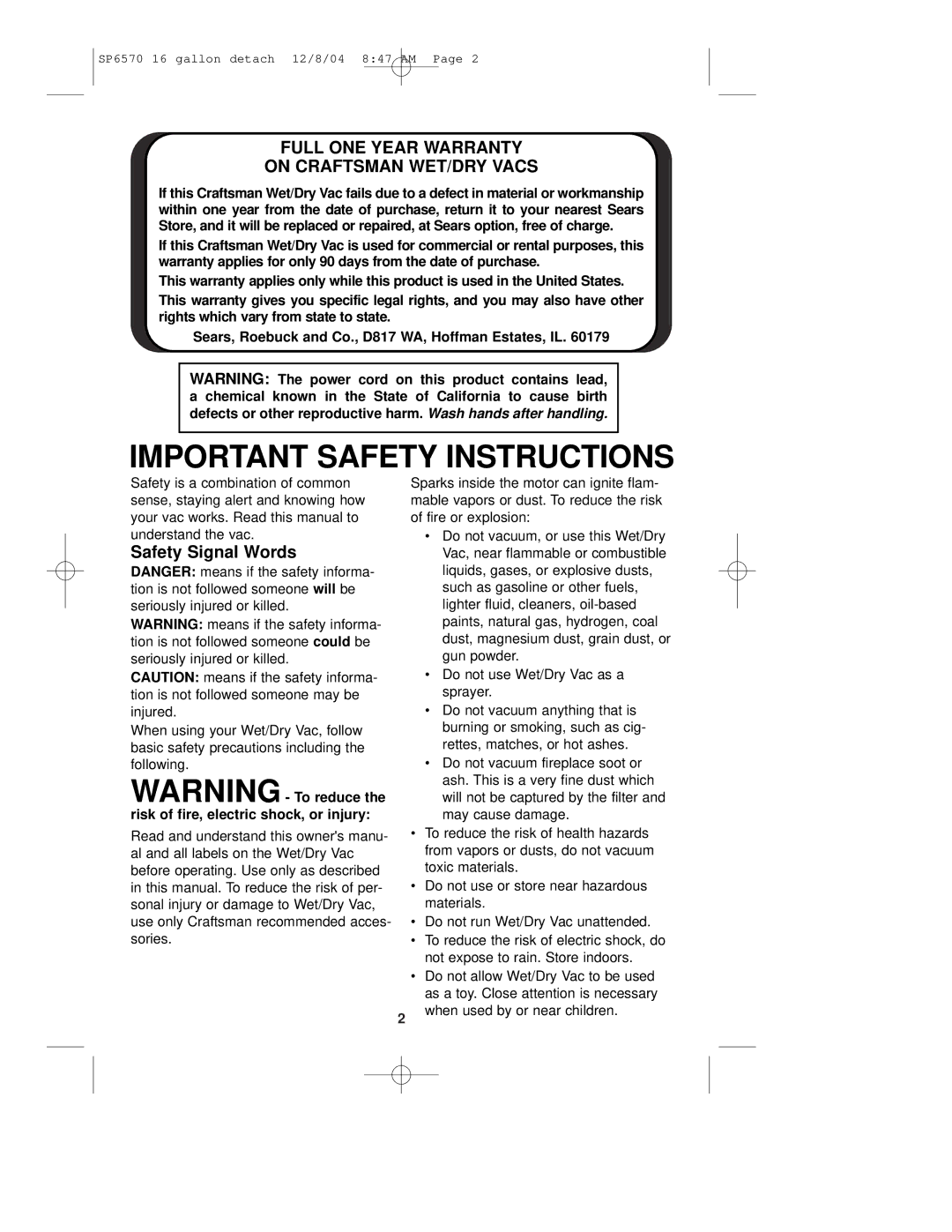 Sears 113.17066 owner manual Full ONE Year Warranty On Craftsman WET/DRY Vacs, Safety Signal Words 