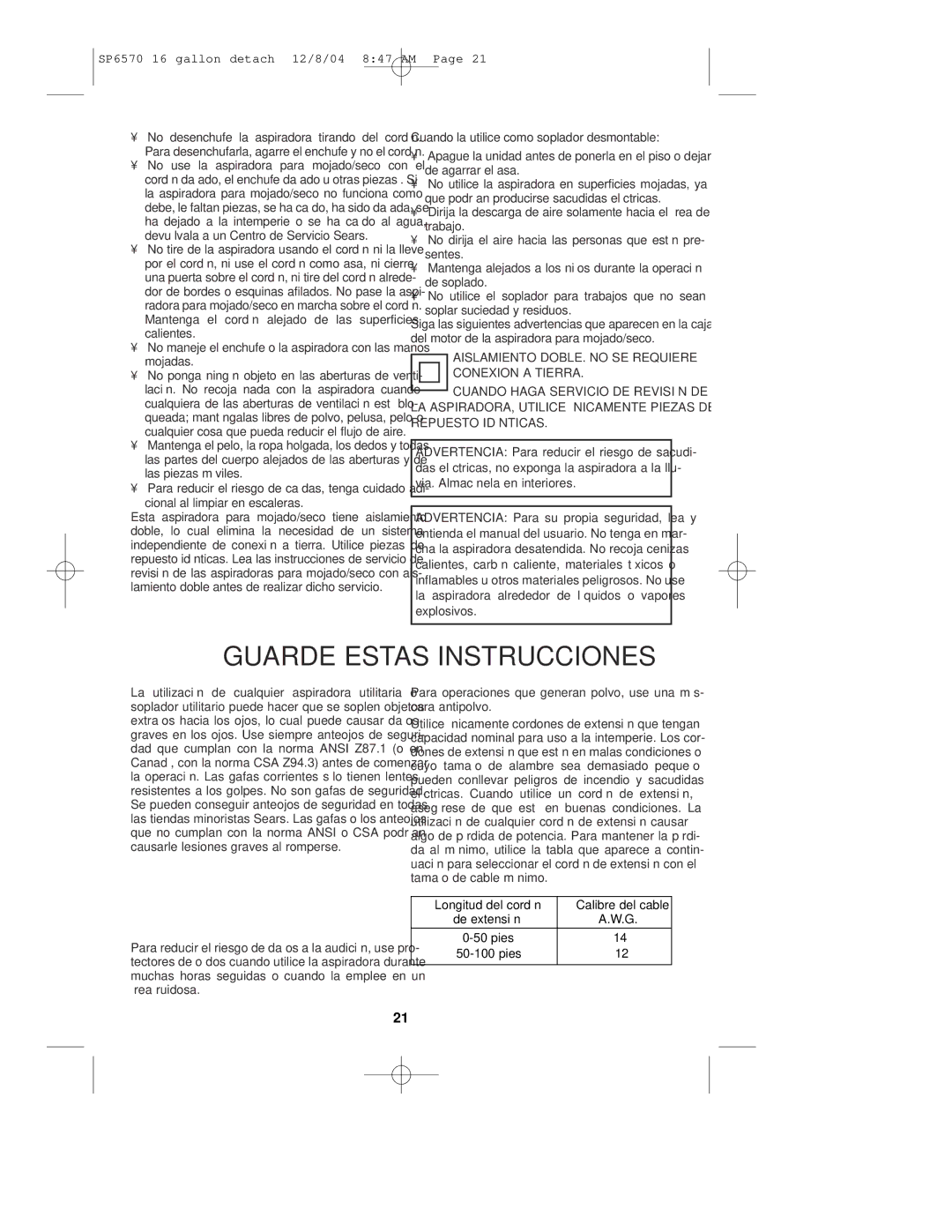 Sears 113.17066 owner manual No maneje el enchufe o la aspiradora con las manos mojadas, Cional al limpiar en escaleras 