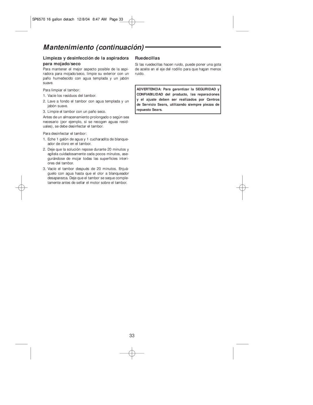 Sears 113.17066 owner manual Limpieza y desinfección de la aspiradora para mojado/seco, Ruedecillas 