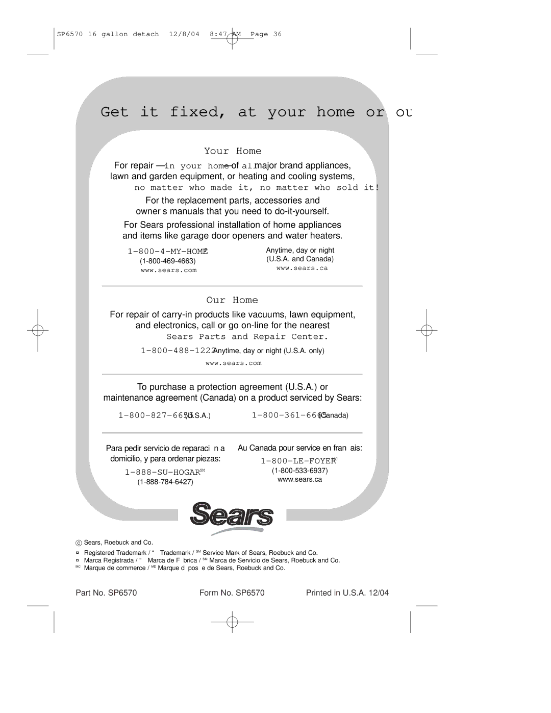 Sears 113.17066 owner manual Get it fixed, at your home or ours 