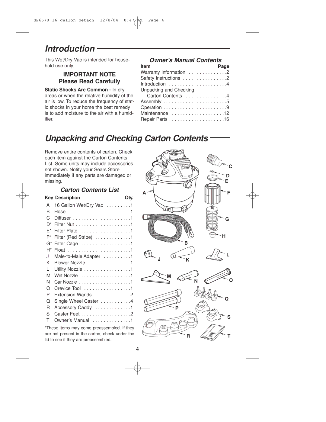 Sears 113.17066 owner manual Introduction, Unpacking and Checking Carton Contents 