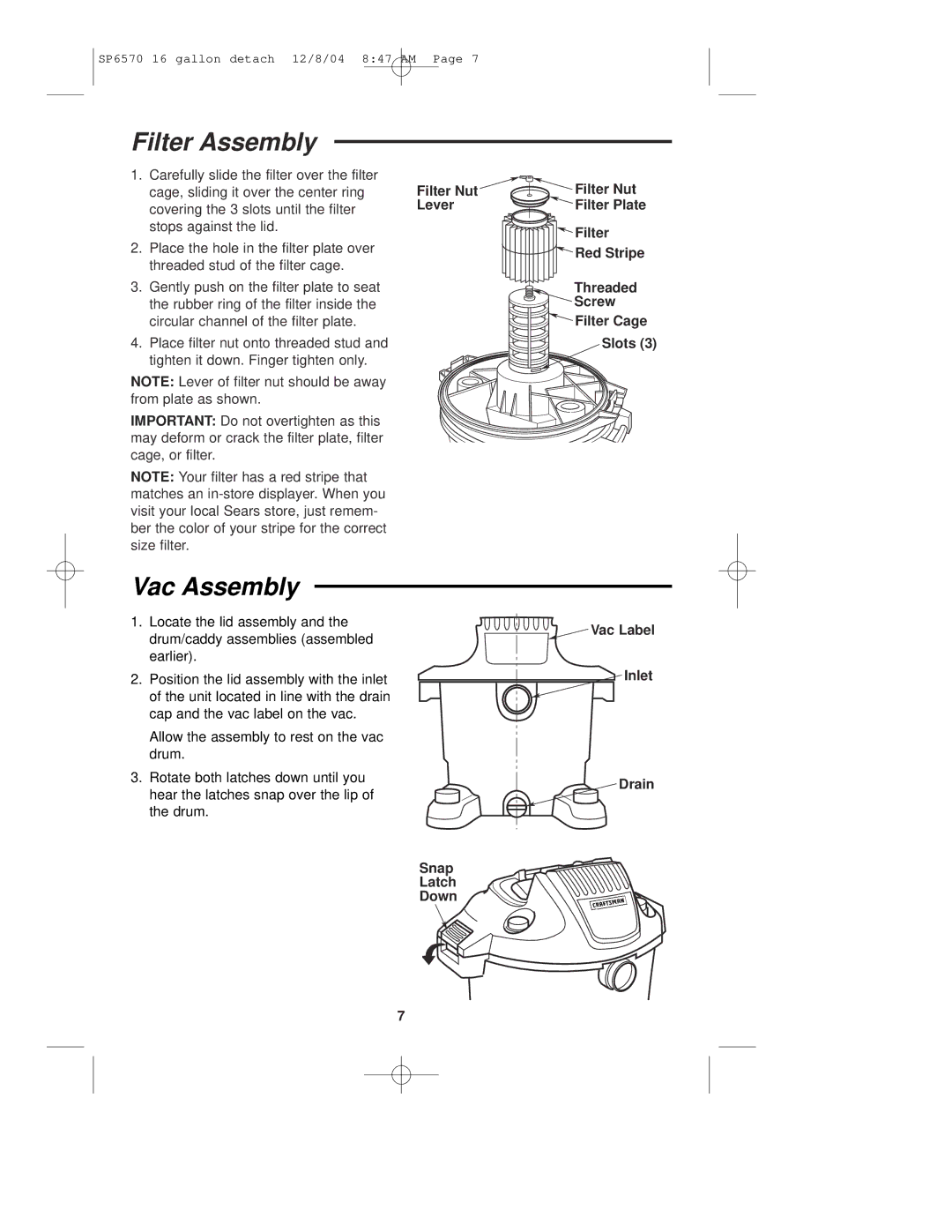 Sears 113.17066 owner manual Filter Assembly, Vac Assembly 