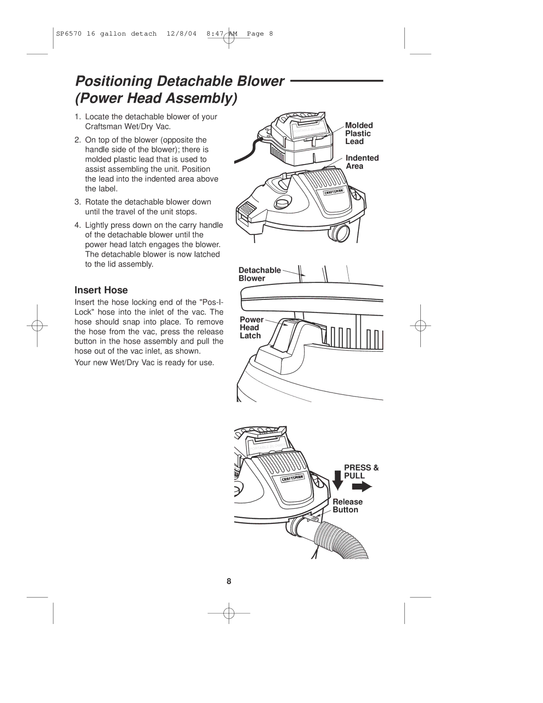 Sears 113.17066 owner manual Positioning Detachable Blower Power Head Assembly, Insert Hose 