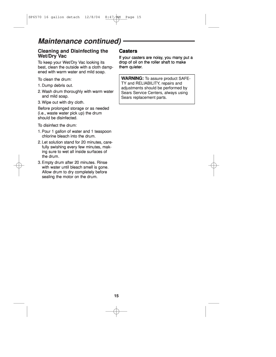 Sears 113.17066 owner manual Cleaning and Disinfecting the Wet/Dry Vac, Casters, Maintenance continued 