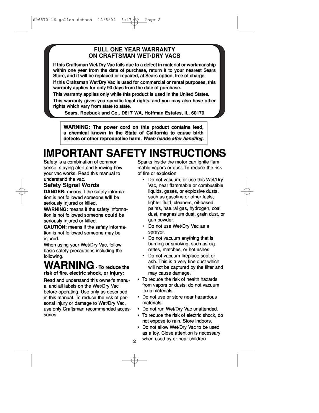 Sears 113.17066 Important Safety Instructions, Full One Year Warranty On Craftsman Wet/Dry Vacs, Safety Signal Words 
