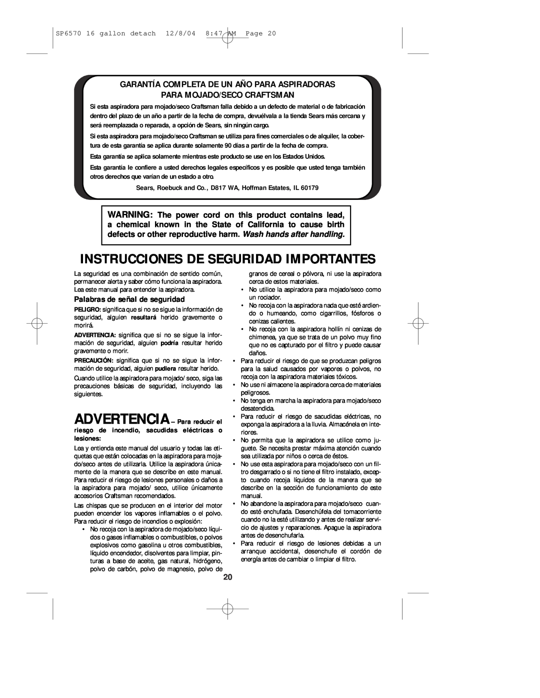 Sears 113.17066 owner manual Instrucciones De Seguridad Importantes, Garantía Completa De Un Año Para Aspiradoras 