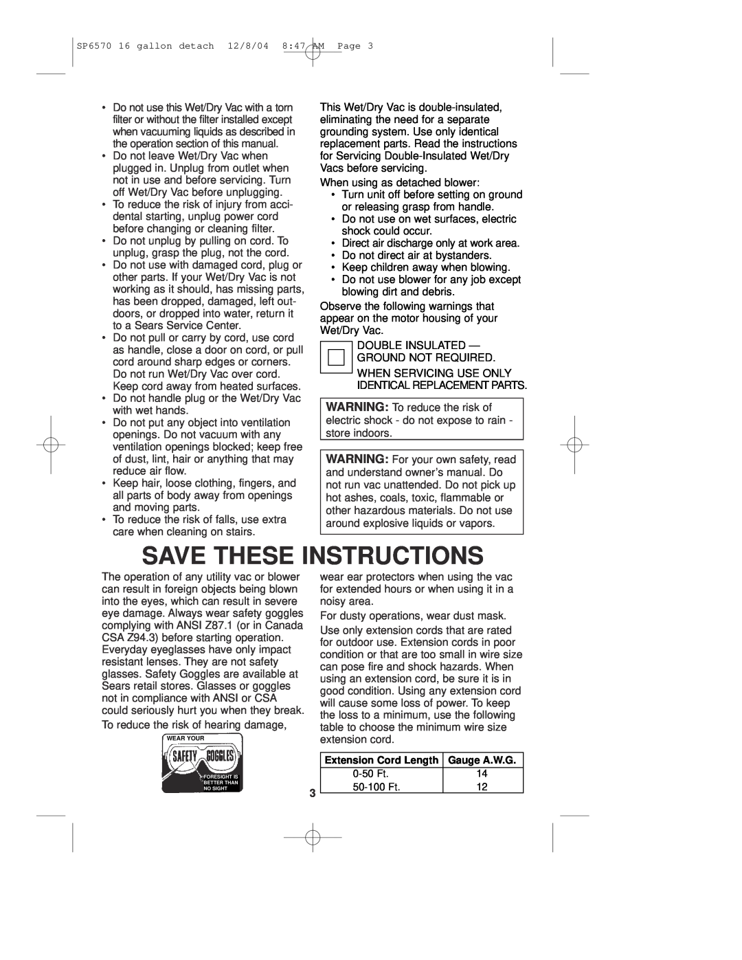 Sears 113.17066 owner manual Save These Instructions 