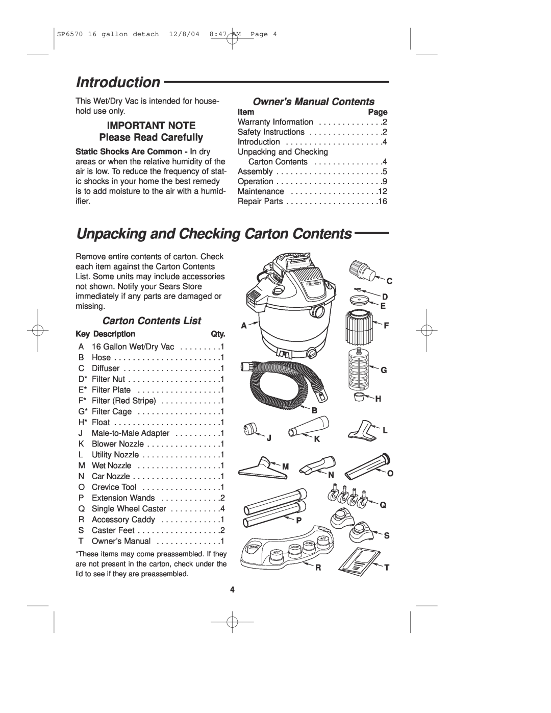 Sears 113.17066 owner manual Introduction, Unpacking and Checking Carton Contents, IMPORTANT NOTE Please Read Carefully 