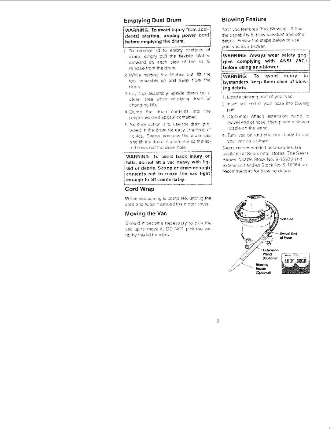 Sears 113.177020, 113.177000 manual Emptying Dust Drum, Cord Wrap 